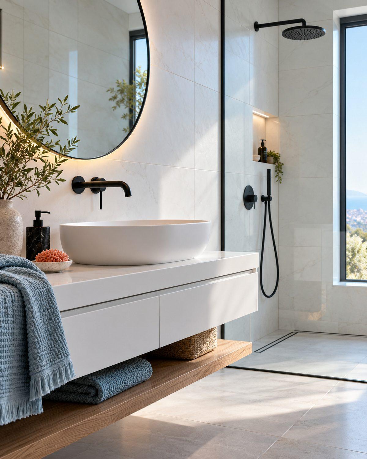 Baño reformado con azulejo blanco y grifería negra (imagen ilustrativa)